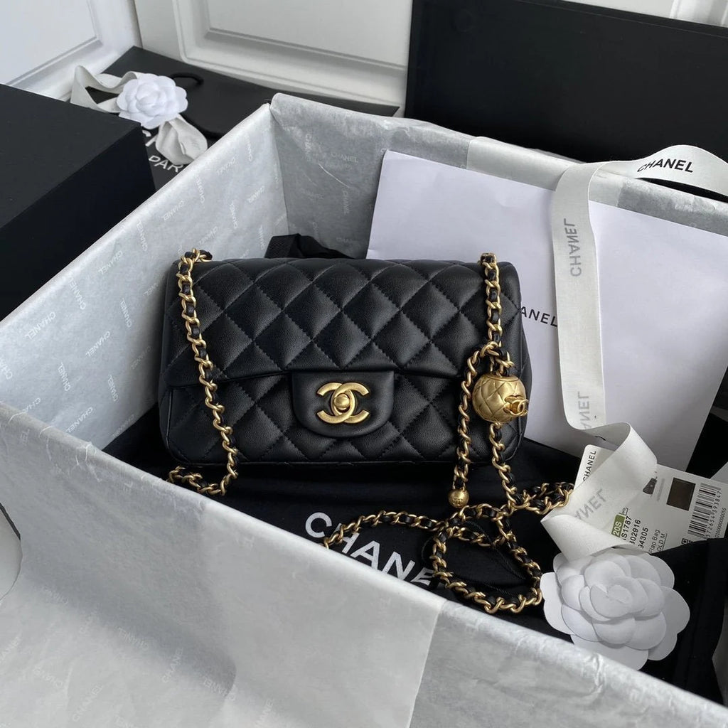 Chanel Pearl Crush Mini Flap Bag Black Quilted Calfskin Leather Chain Shoulder