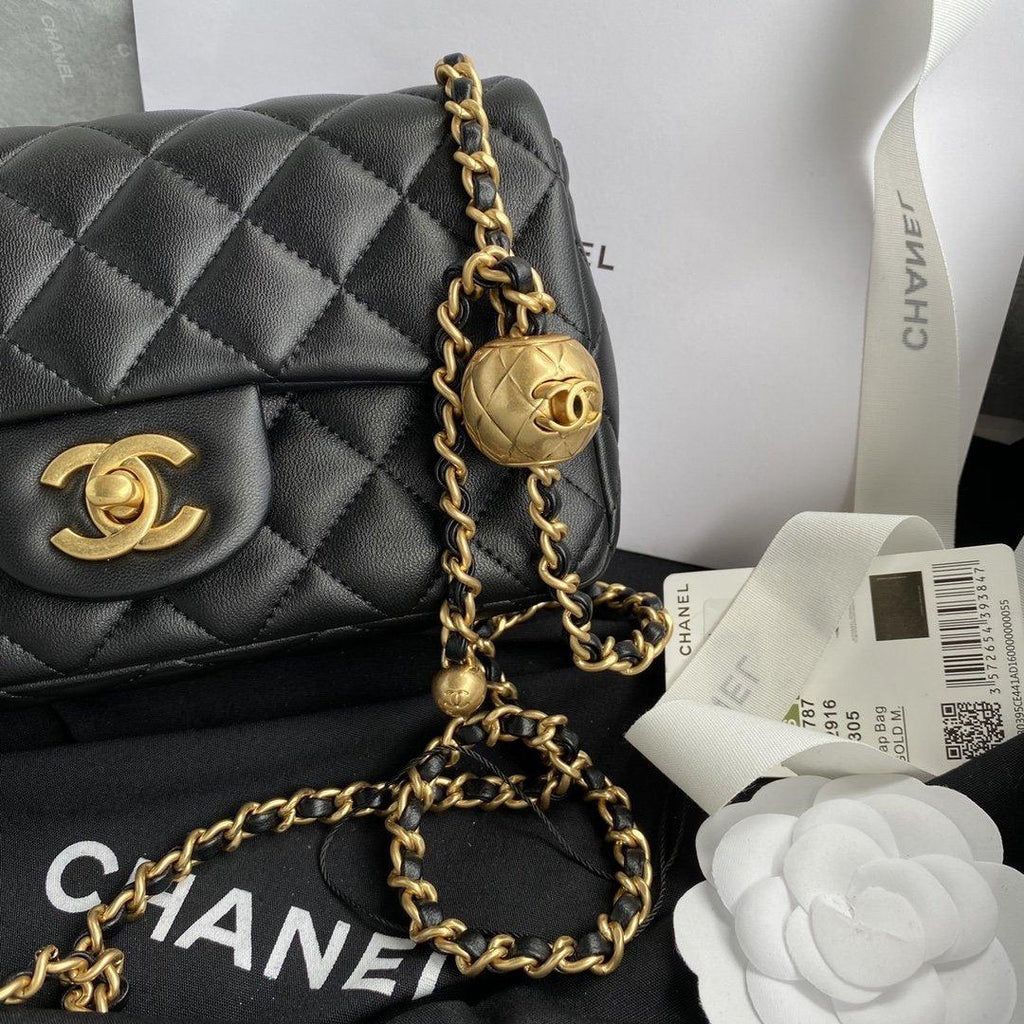 Chanel Pearl Crush Mini Flap Bag Black Quilted Calfskin Leather Chain Shoulder