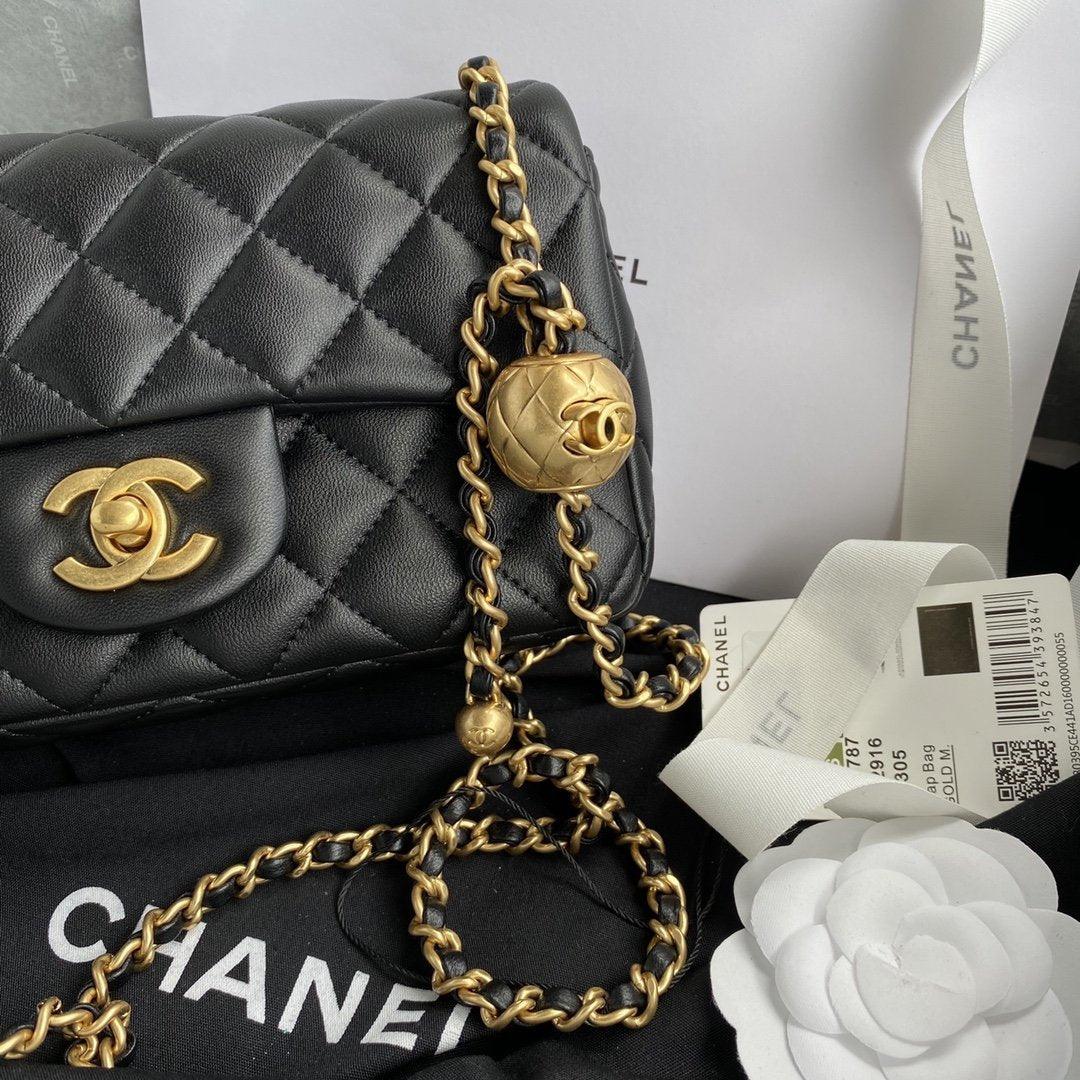 Chanel Pearl Crush Mini Flap Bag Black Quilted Calfskin Leather Chain Shoulder