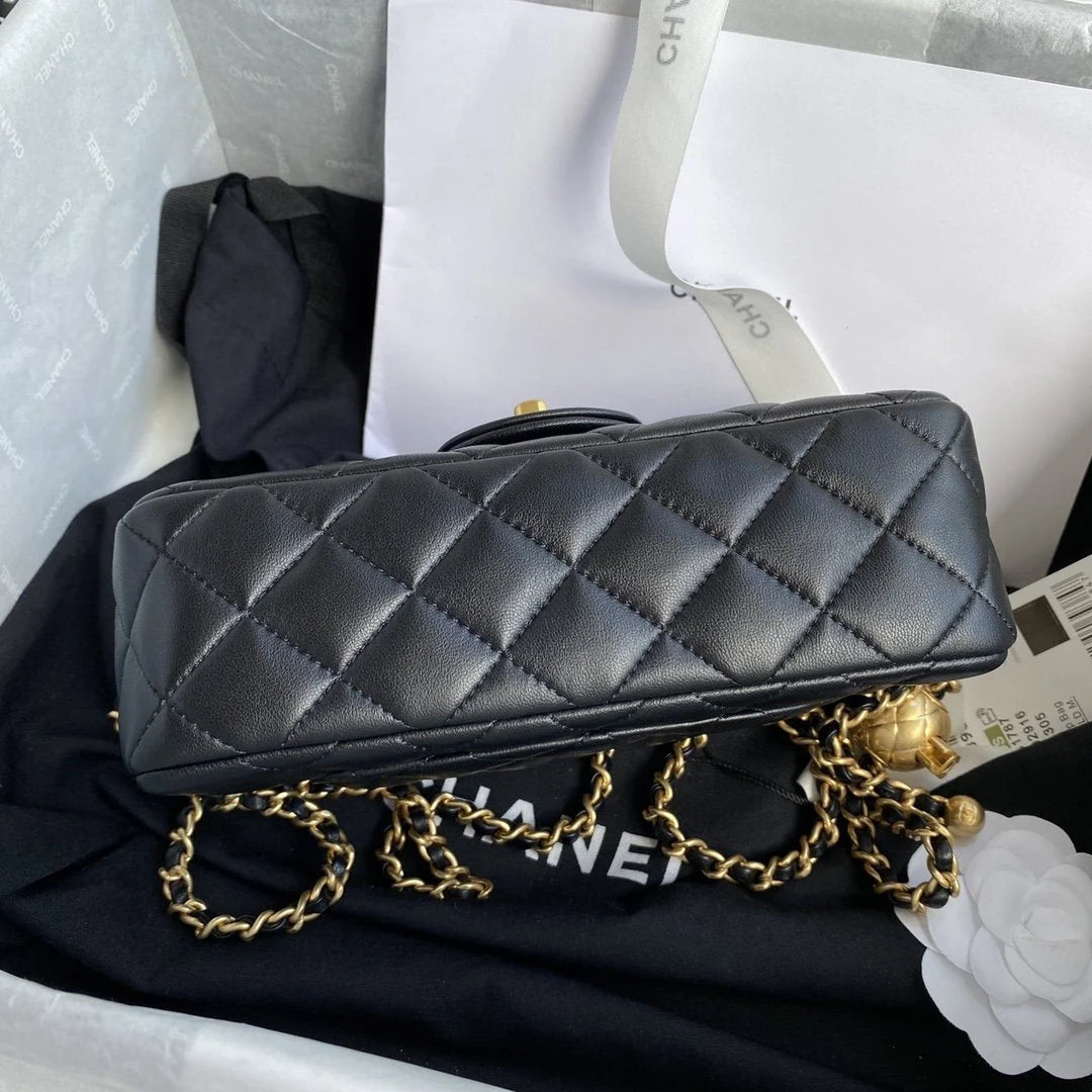 Chanel Pearl Crush Mini Flap Bag Black Quilted Calfskin Leather Chain Shoulder