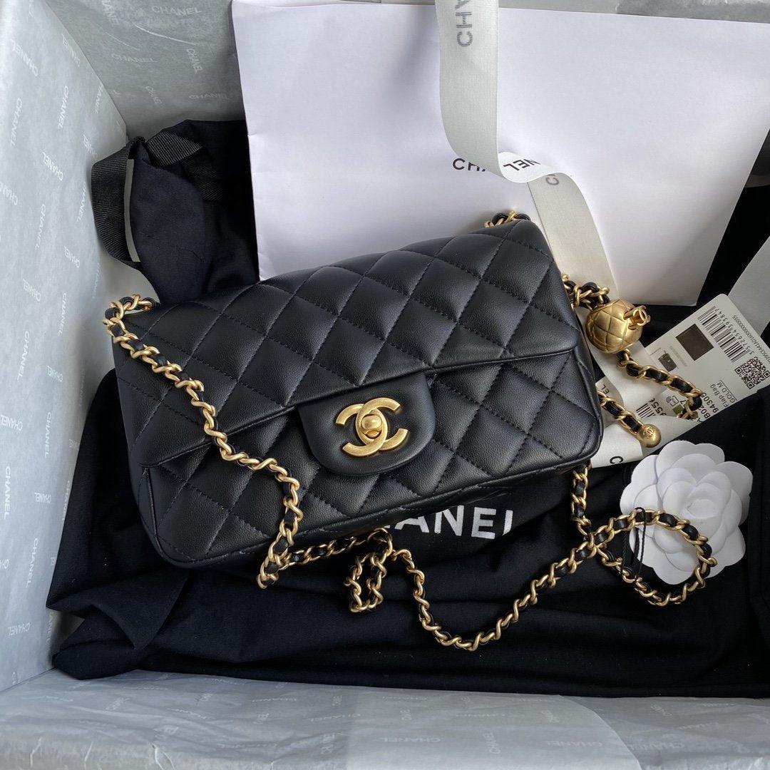 Chanel Pearl Crush Mini Flap Bag Black Quilted Calfskin Leather Chain Shoulder
