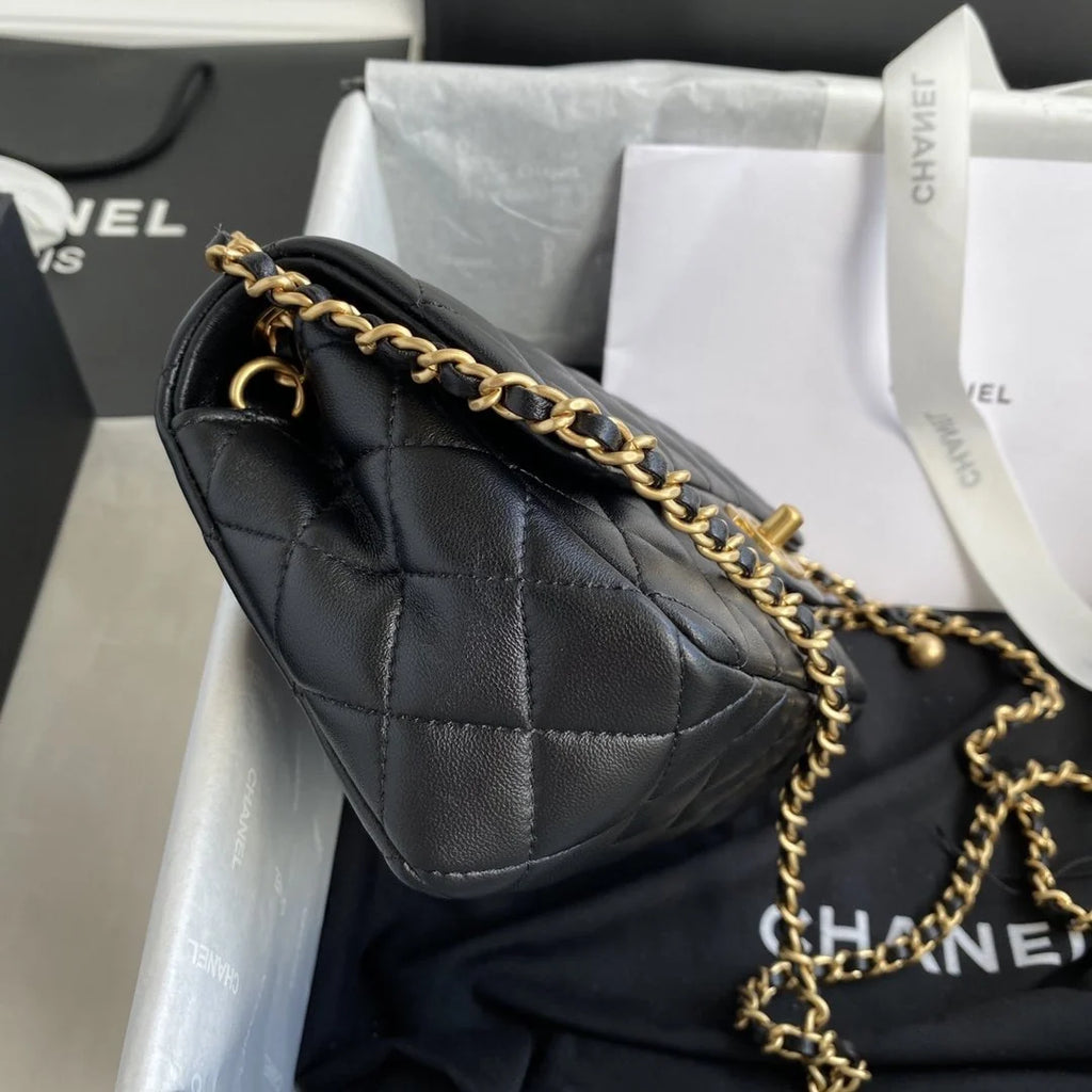 Chanel Pearl Crush Mini Flap Bag Black Quilted Calfskin Leather Chain Shoulder